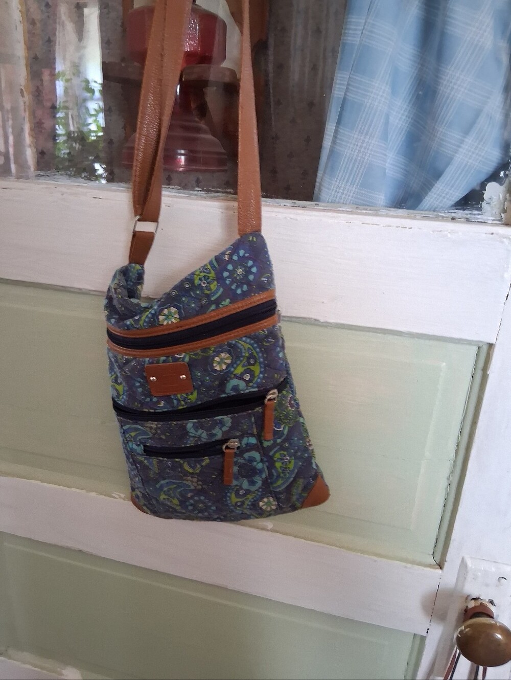 Stylish Blue Paisley Crossbody Bag with Tan Accents